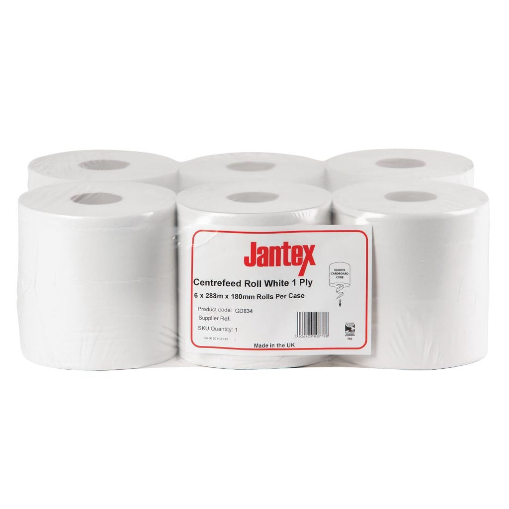 Jantex Centrefeed White Rolls 1-Ply 288m (Pack of 6) GD834