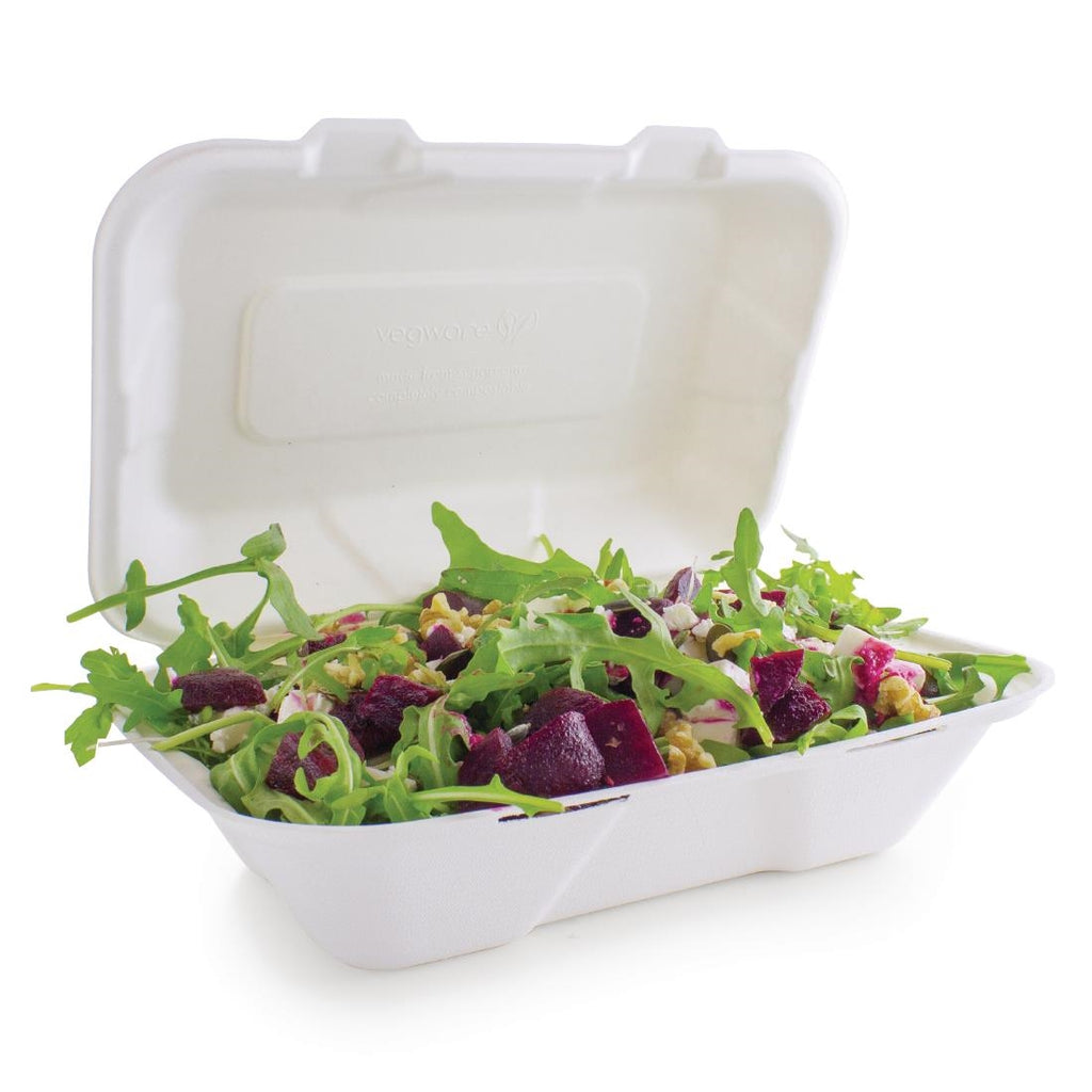 Vegware Compostable Bagasse Clamshell Hinged Meal Boxes 228mm GH026