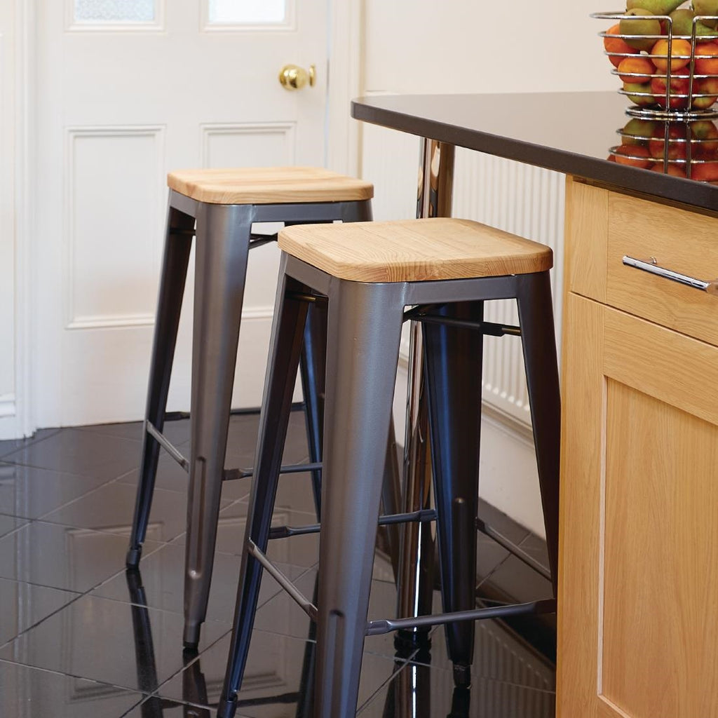Bolero Bistro High Stools with Wooden Seat Pad Gun Metal (Pack of 4) GM639
