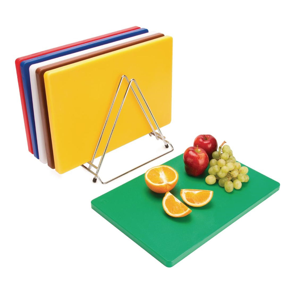 Hygiplas Thick Low Density Chopping Board Set with Rack (Pack of 6) S678